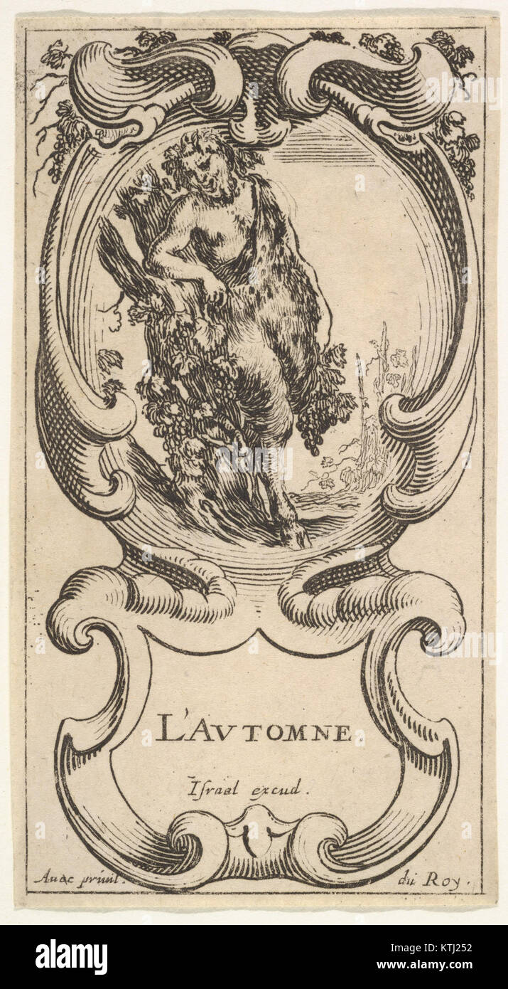 Questa opera, parte della serie di Stefano della bella "le quattro stagioni" (ca. 1638-43), raffigura un satiro che incarna l'autunno. La figura poggia il braccio destro su un tronco d'albero ricoperto di vite e tiene l'uva nella mano sinistra, tutto racchiuso in un cartiglio adornato di uva. Foto Stock