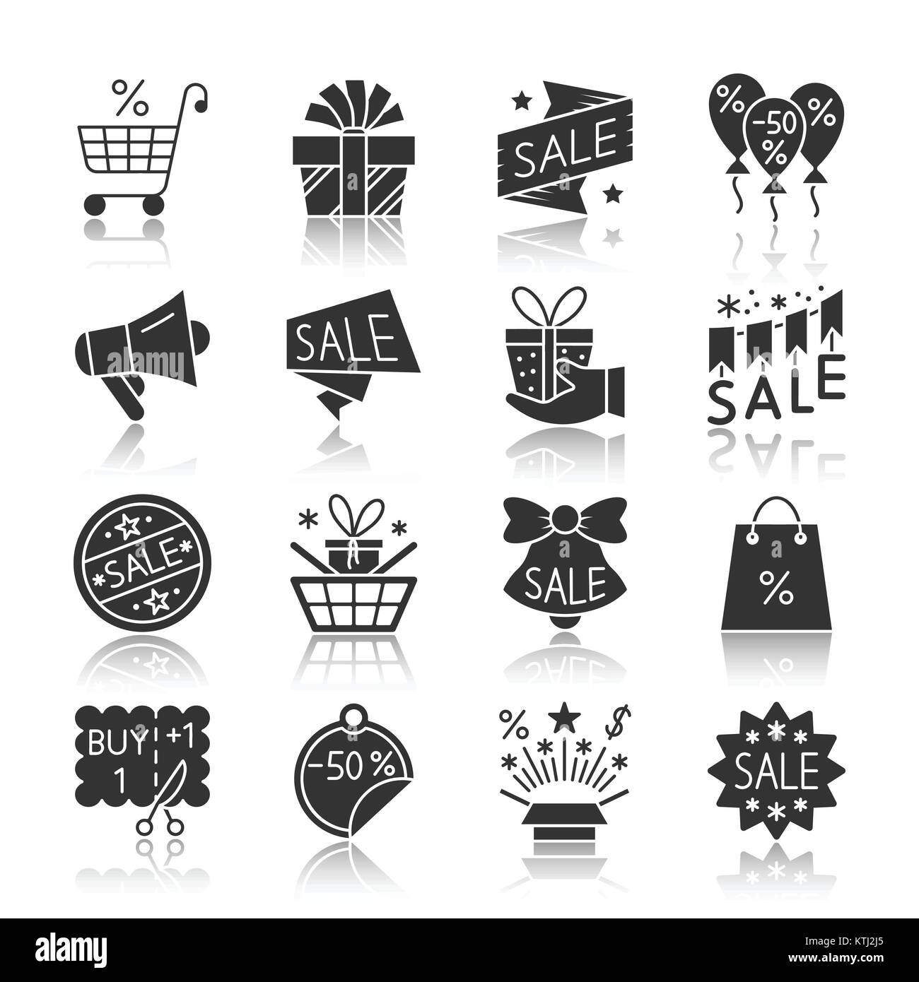 Stagione di vendita silhouette nera con la riflessione icon set. Gioco monocromatico design piatto di raccolta di simbolo. Grafica semplice pittogramma pack. Web, etichetta, Illustrazione Vettoriale
