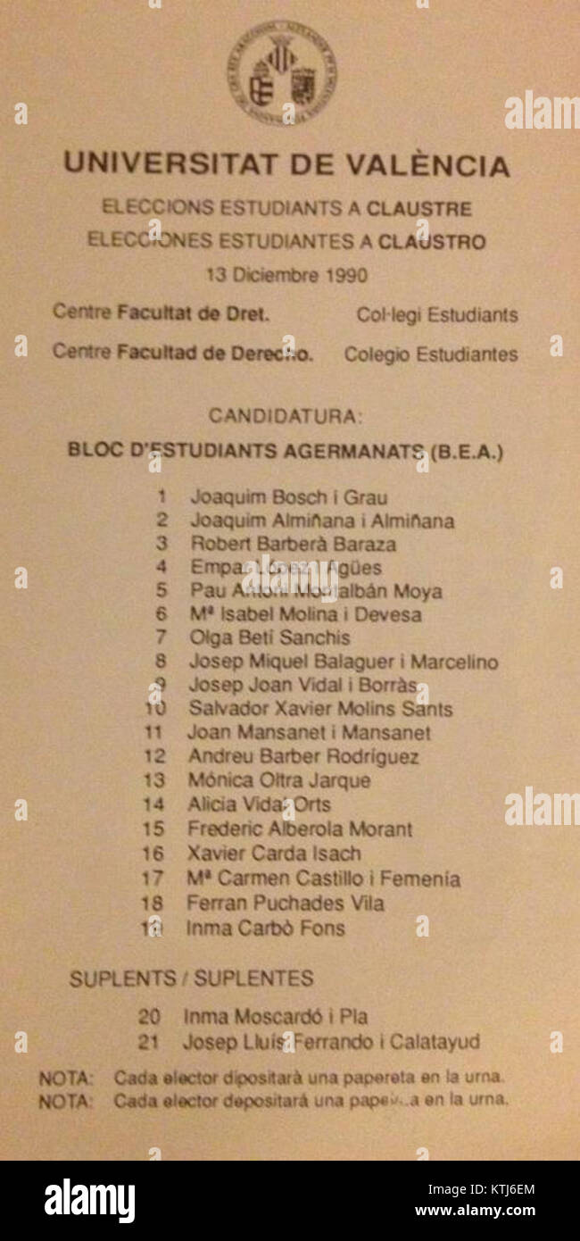 BEA 1990 Dret Elecions UV si riferisce a un evento significativo del 1990 riguardante i diritti elettorali nella Comunità Valenciana di Spagna. Sottolinea l'evoluzione dei sistemi giuridici ed elettorali in Spagna durante questo periodo. Foto Stock