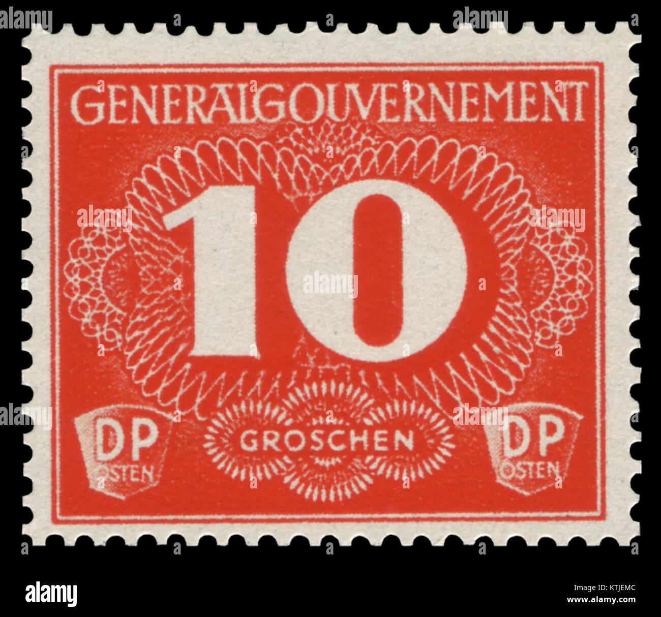 Questo è un francobollo del governo generale della Polonia, emesso nel 1940, durante il periodo di occupazione nazista. È dotato di un contrassegno di consegna dalla regione occupata. Foto Stock