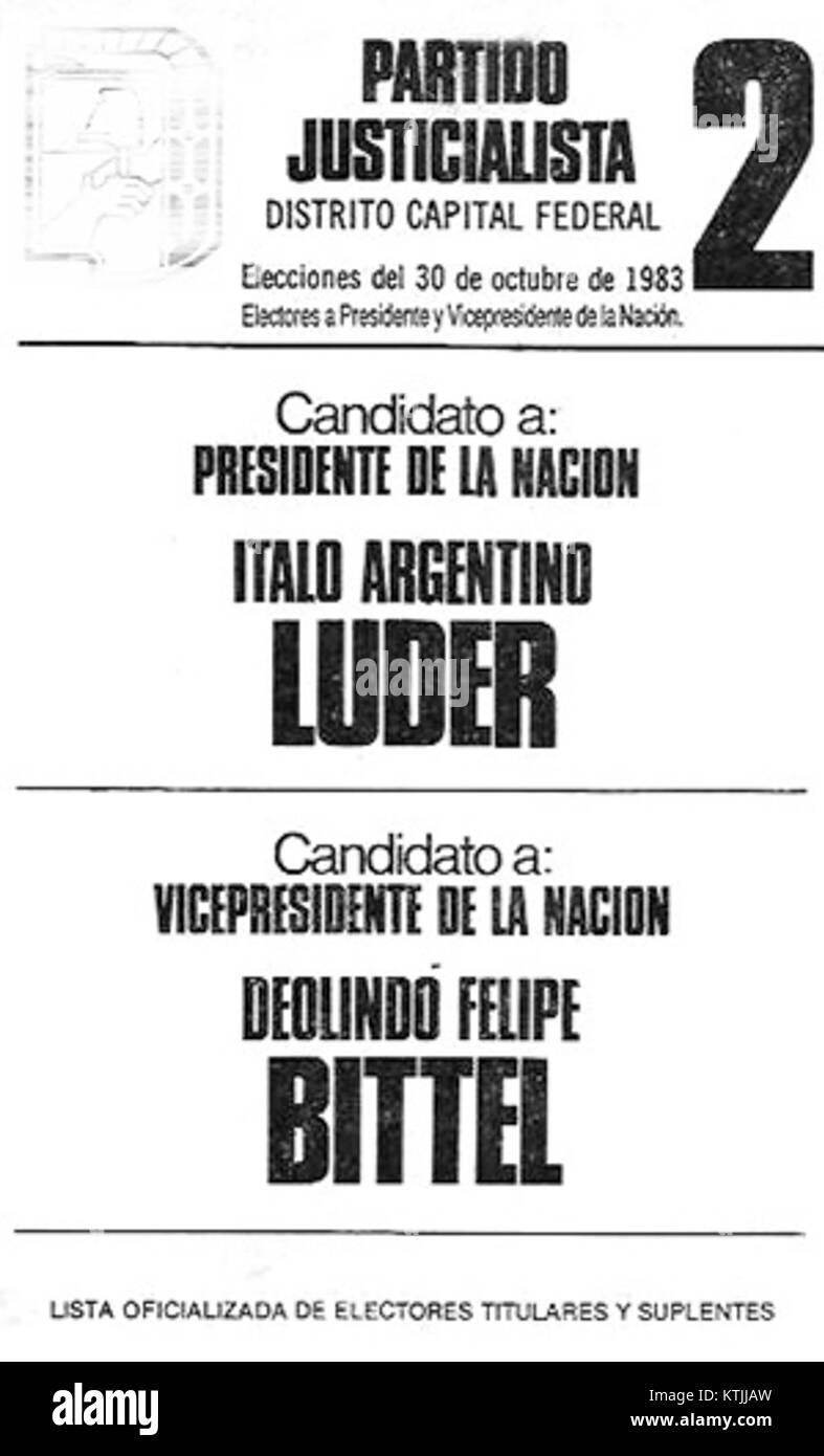 Il voto elettorale del 1983 in Argentina per le elezioni presidenziali vede il candidato Luder. Si tratta di un documento storico che riflette il processo politico durante un periodo cruciale nella transizione democratica dell'Argentina dopo la dittatura. Foto Stock