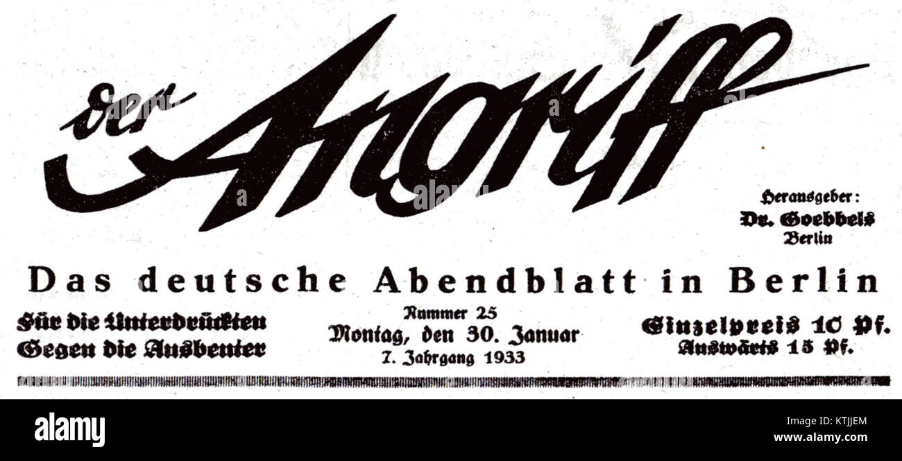 Der Angriff era una pubblicazione di propaganda nazista in Germania, e questa immagine probabilmente raffigura un'illustrazione o una copertina con una testa. La pubblicazione ha svolto un ruolo nella diffusione dell'ideologia politica del tempo. Foto Stock