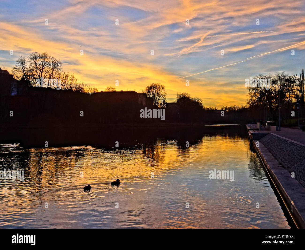 L'immagine cattura il paesaggio urbano di Brda Boulevard e del centro di Bydgoszcz, Polonia, mostrando la vibrante architettura e il paesaggio urbano della città. Foto Stock