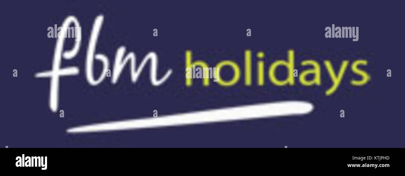 Il logo FBM Holidays rappresenta un'azienda di viaggi e vacanze, nota per i suoi servizi nell'organizzazione di pacchetti vacanza, viaggi e servizi turistici per varie destinazioni. Foto Stock
