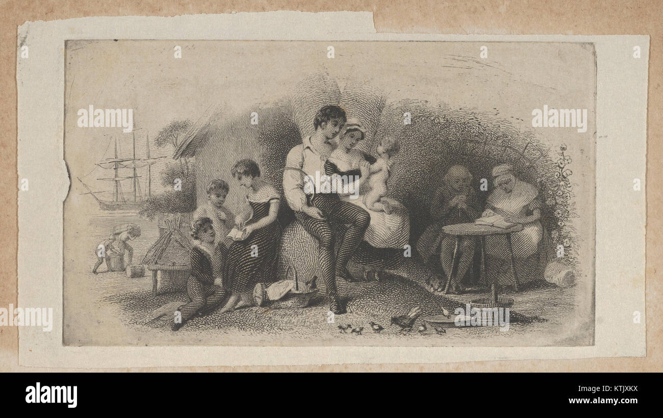 Questa vignetta di una banconota presenta figure di età diverse, che simboleggiano le fasi della vita. Fa parte di una serie di opere d'arte che rappresentano le esperienze umane e il passare del tempo, curate dal MET. Foto Stock