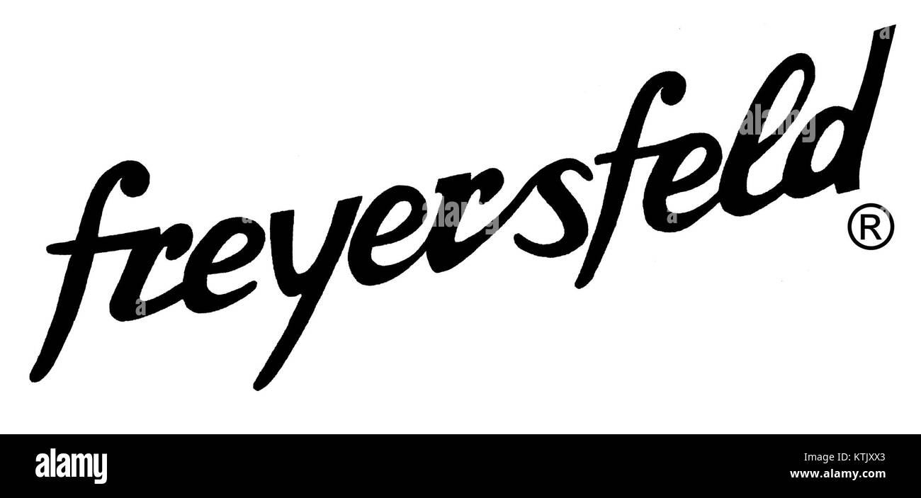 Il logo Freyersfeld con la lettera "R" si riferisce al marchio o al marchio di Freyersfeld, eventualmente un'azienda o un prodotto. La "R" indica che il logo è registrato, contrassegnandolo come marchio protetto. Foto Stock