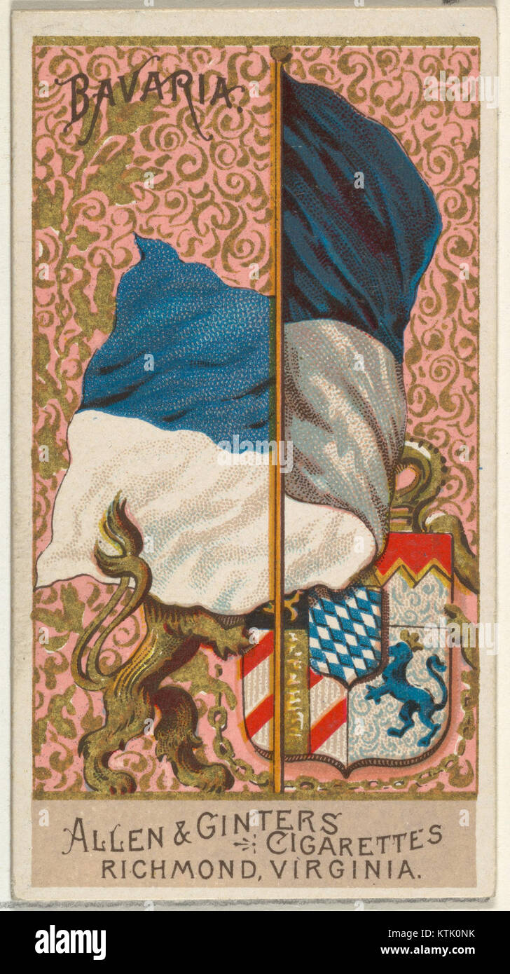 Questa carta anni '1880 della serie "Bandiere di tutte le nazioni" presenta la bandiera della Baviera. Il set, prodotto da Allen & Ginter per il loro marchio di sigarette, è una collezione storica di bandiere provenienti da tutto il mondo. La bandiera bavarese raffigurata qui mostra lo stemma dello stato e gli iconici colori blu e bianco. Foto Stock