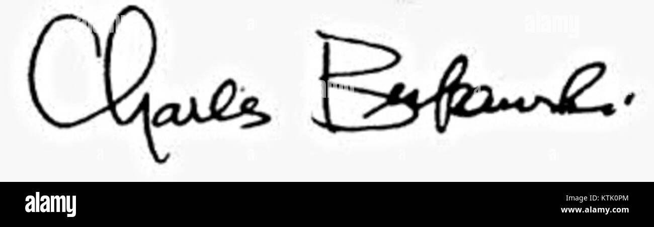 Una firma di Charles Bukowski, il famoso scrittore americano noto per le sue opere di poesia e narrativa. Le opere di Bukowski spesso riflettono le sue esperienze personali, con temi di solitudine e di pura emozione umana. Foto Stock