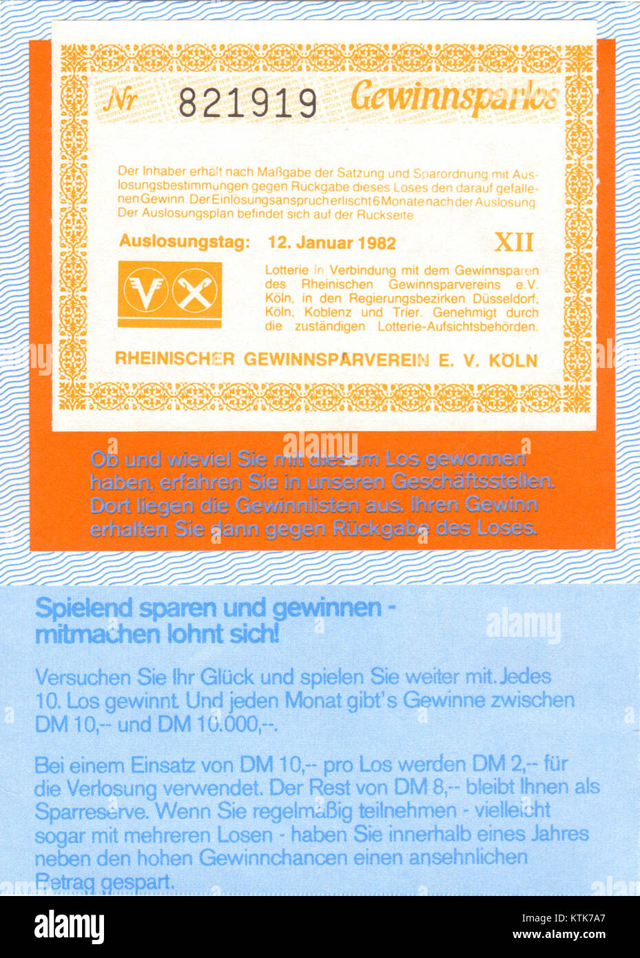 Gewinnsparlos Rheinischer Gewinnsparverein, 1982 Foto Stock