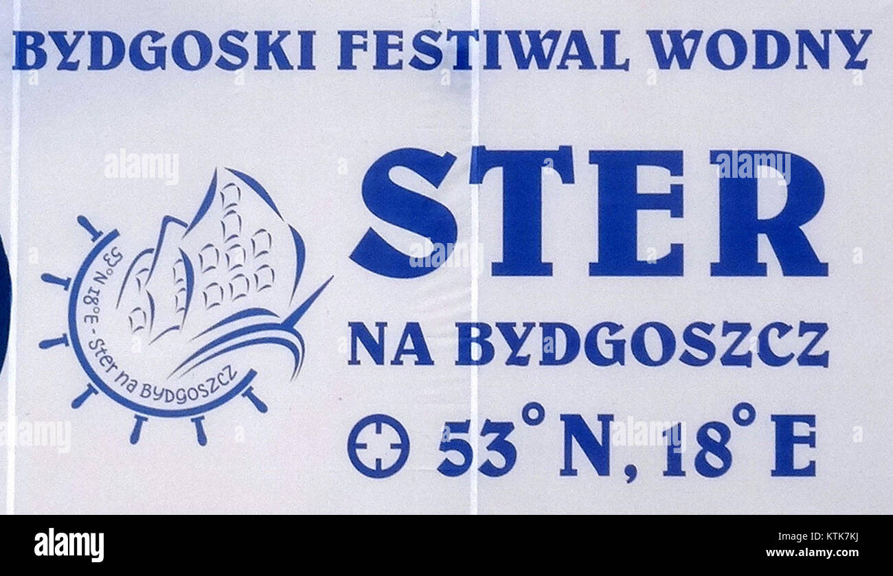 Il logo per il BDG Festival Wodny 2015, un festival culturale dell'acqua che si tiene in Polonia, racchiude il tema dell'acqua e della celebrazione dell'evento. Il logo probabilmente incorpora elementi che simboleggiano l'acqua, la musica e l'unità culturale. Foto Stock