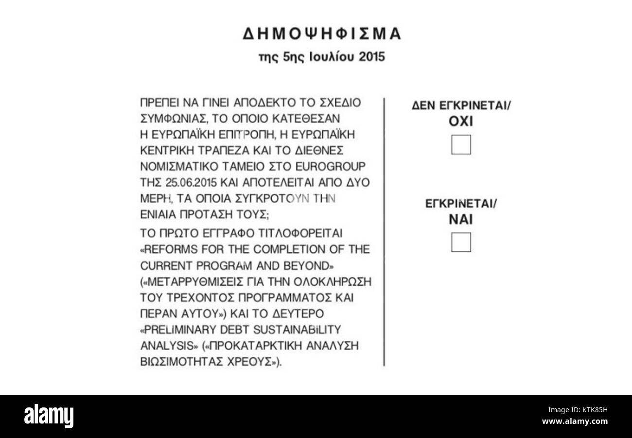 Il documento elettorale greco del 2015 riflette la crisi politica ed economica della Grecia. Simboleggia il processo decisionale del paese in merito alle misure di austerità economica e alle condizioni di salvataggio dell'Unione europea. Foto Stock