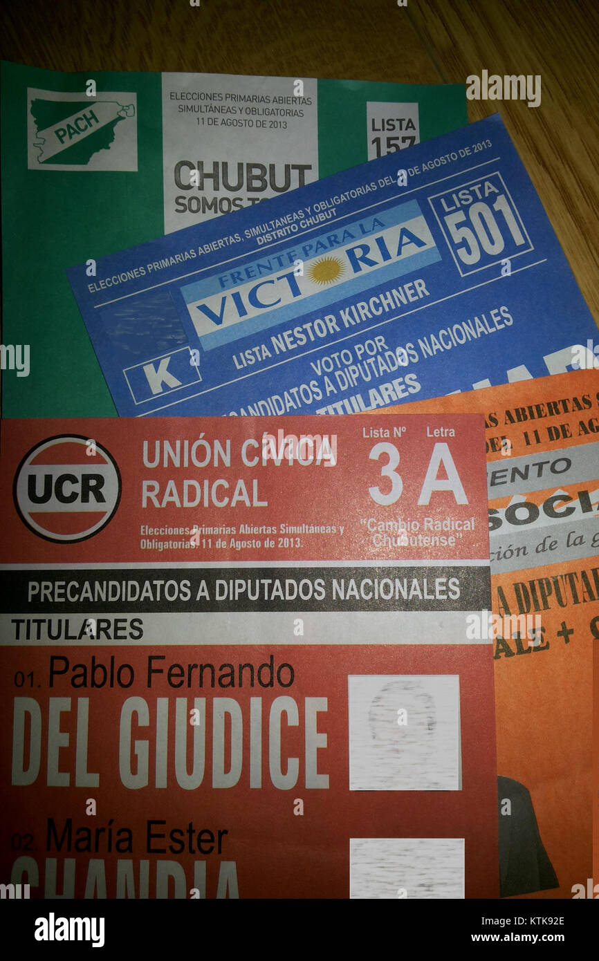 Le elezioni legislative primarie del 2013 da Chubut, Argentina, rappresentano il processo politico in Argentina durante le elezioni legislative. Le schede riflettono i candidati e i partiti politici coinvolti nel processo elettorale. Foto Stock