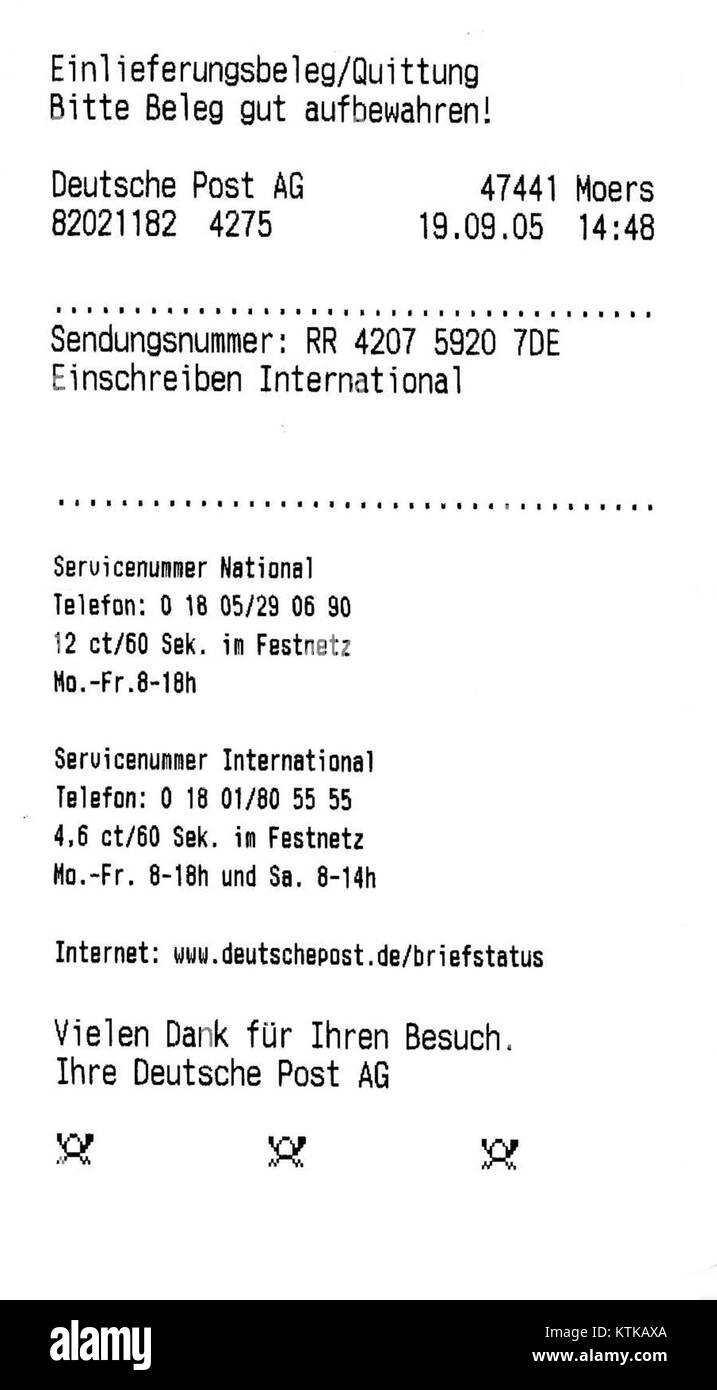 La Deutsche Post Einlieferungsbeleg Einschreiben International 2005 è una ricevuta postale della Germania, utilizzata specificamente per la posta internazionale registrata nel 2005, che segna un metodo di consegna internazionale sicura in quel periodo. Foto Stock La Deutsche Post Einlieferungsbeleg Einschreiben International 2005 è una ricevuta postale della Germania, utilizzata specificamente per la posta internazionale registrata nel 2005, che segna un metodo di consegna internazionale sicura in quel periodo. Foto Stock