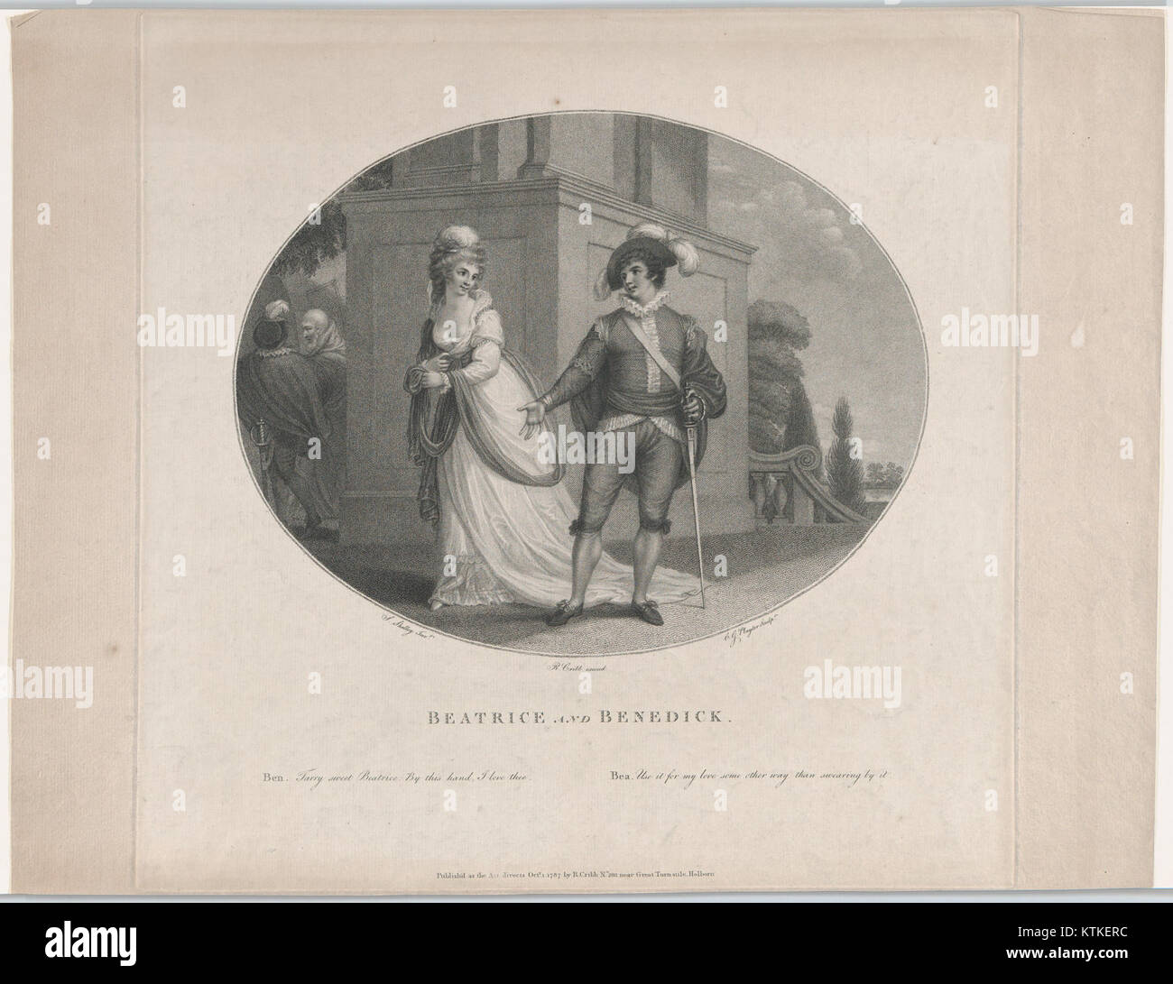 Una scena del quarto atto, scena 1 di Shakespeareâ€™s 'Much Ado About Nothing', con Beatrice e Benedick. Il momento cattura la tensione e l'arguzia tra i due personaggi, spesso visti come uno dei momenti salienti del gioco. Foto Stock