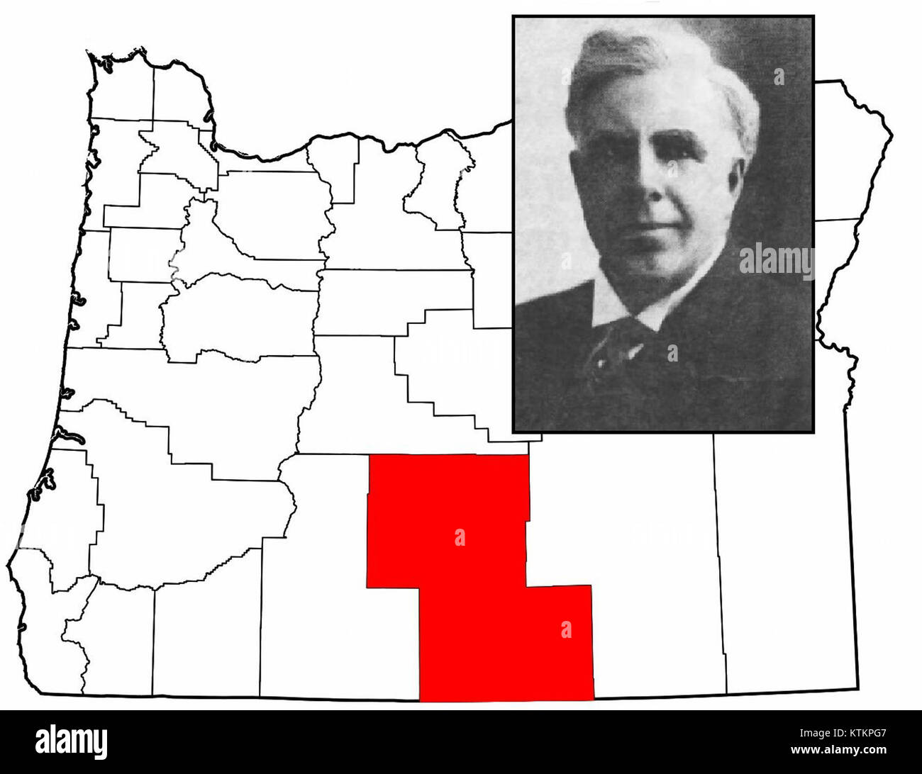 Questa immagine raffigura Bernard Daly, una figura storica, accanto a una mappa dell'Oregon, con Lake County specificamente evidenziato. Presenta una vista geografica e storica dell'Oregon, mostrando regioni chiave e collegamenti con figure storiche come Daly. Foto Stock