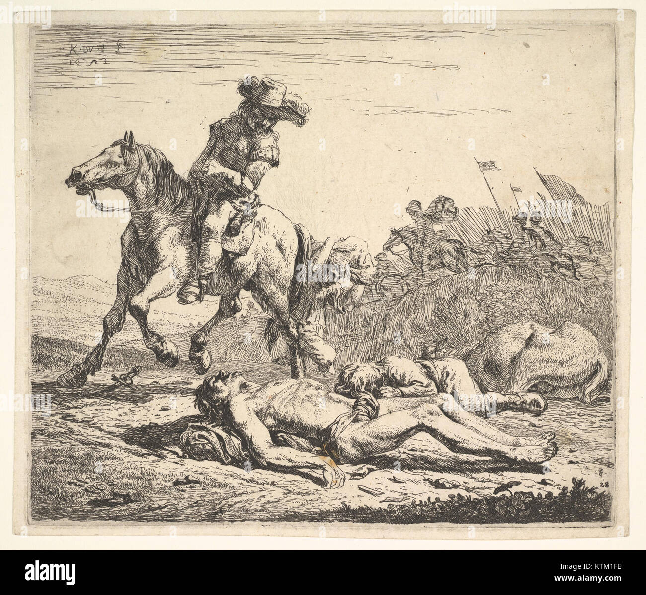 Questa opera raffigura una scena drammatica sul campo di battaglia con un cavaliere che guarda oltre le spalle verso un cadavere spogliato a terra. La composizione evidenzia temi di guerra, mortalità e conflitto umano, con figure aggiuntive sullo sfondo che portano bandiere. Foto Stock