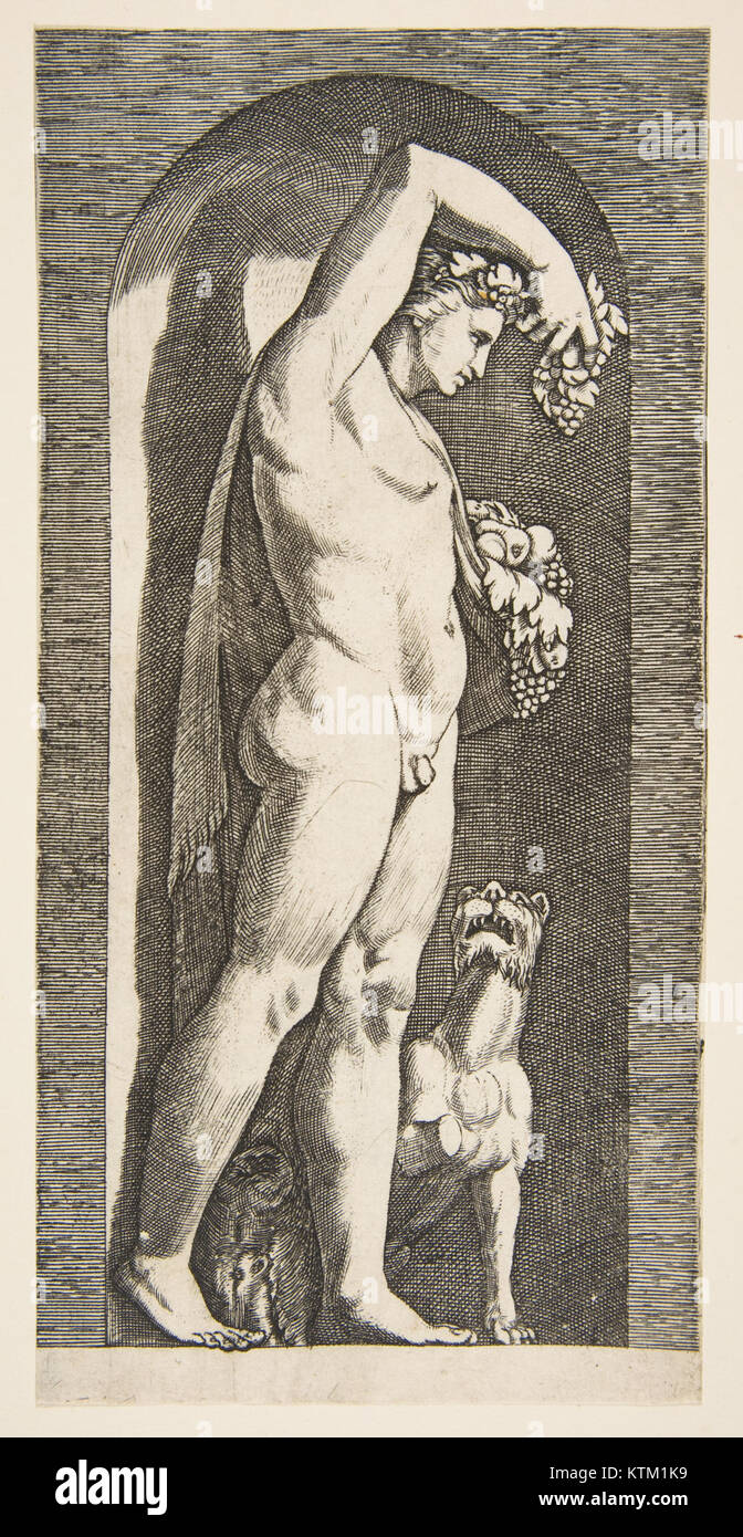 Questa opera d'arte presenta Bacco, il dio romano del vino, raffigurato in una nicchia. Tiene l'uva nella mano destra e la frutta alla sinistra, con un cane posizionato in basso a destra. La scultura enfatizza i temi classici della natura e della fertilità. Foto Stock