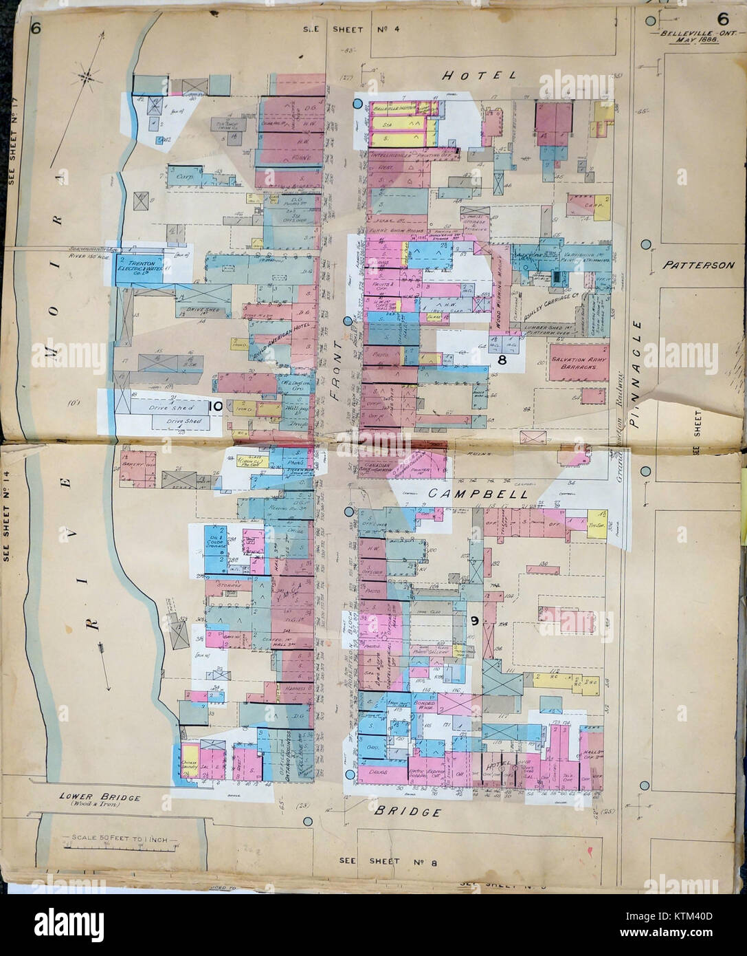 Pagina 6 della mappa dell'assicurazione antincendio di Belleville, risalente al 1888-1900, che mostra la struttura della città durante quel periodo a fini assicurativi e urbanistici. Foto Stock