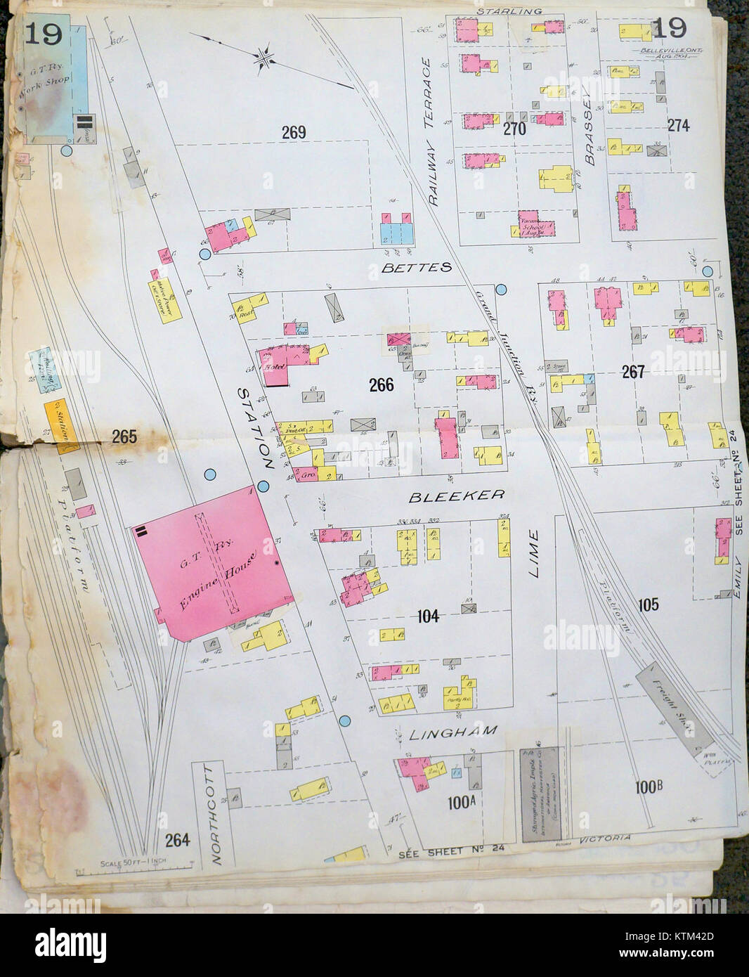 La Belleville Fire Insurance Map del 1904-1908 fornisce una dettagliata disposizione degli edifici e delle misure di sicurezza antincendio a Belleville, un importante documento storico per la pianificazione urbana. Foto Stock