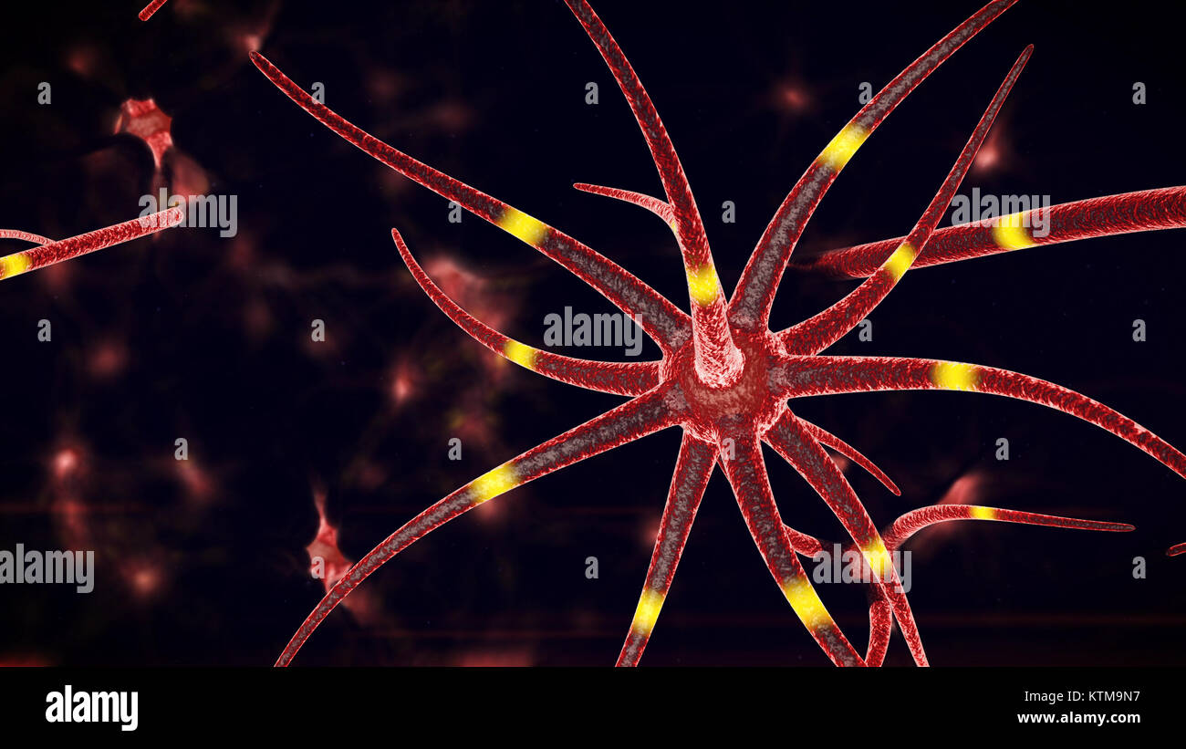 Un comitato scientifico 3d illustrazione di nano tubi flessibili a livello di un colore marrone attraverso il quale neurone giallo segnali diffusi in una diversa direzione. I tubi flessibili con ne Foto Stock