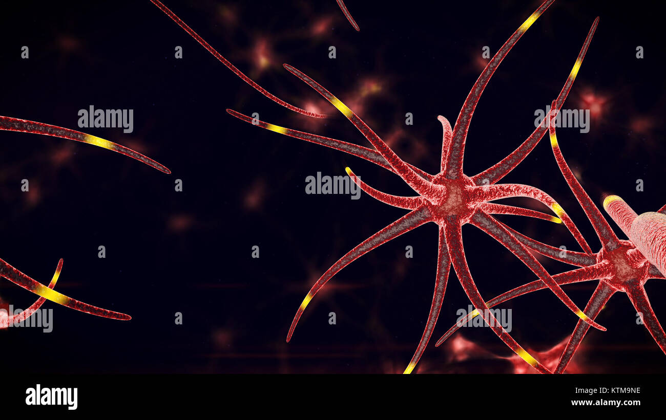 Un biochimico 3d illustrazione di micro strutture di livello di un colore arancione attraverso il quale neurone giallo stimoli eseguiti in varie direzioni. Il formatio Foto Stock