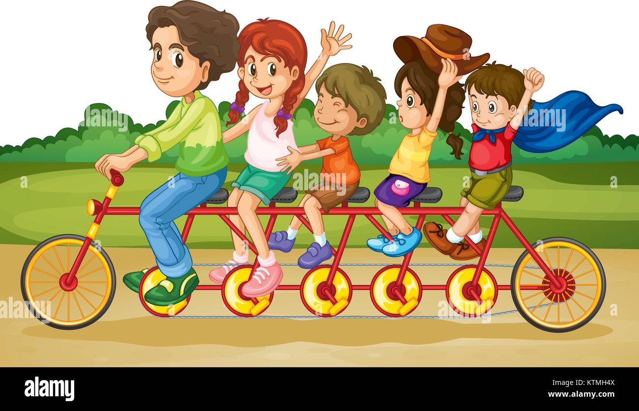 Famiglia equitazione sulla stessa bike nel parco Illustrazione Vettoriale