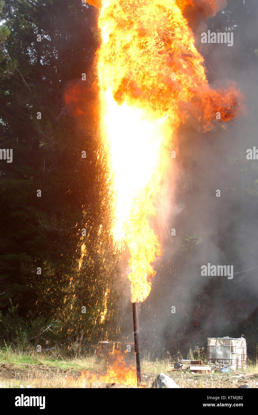 Flare bruciando il gas e il petrolio a Niagara 1 olio ben, nella costa occidentale dell'Isola del Sud, Nuova Zelanda Foto Stock