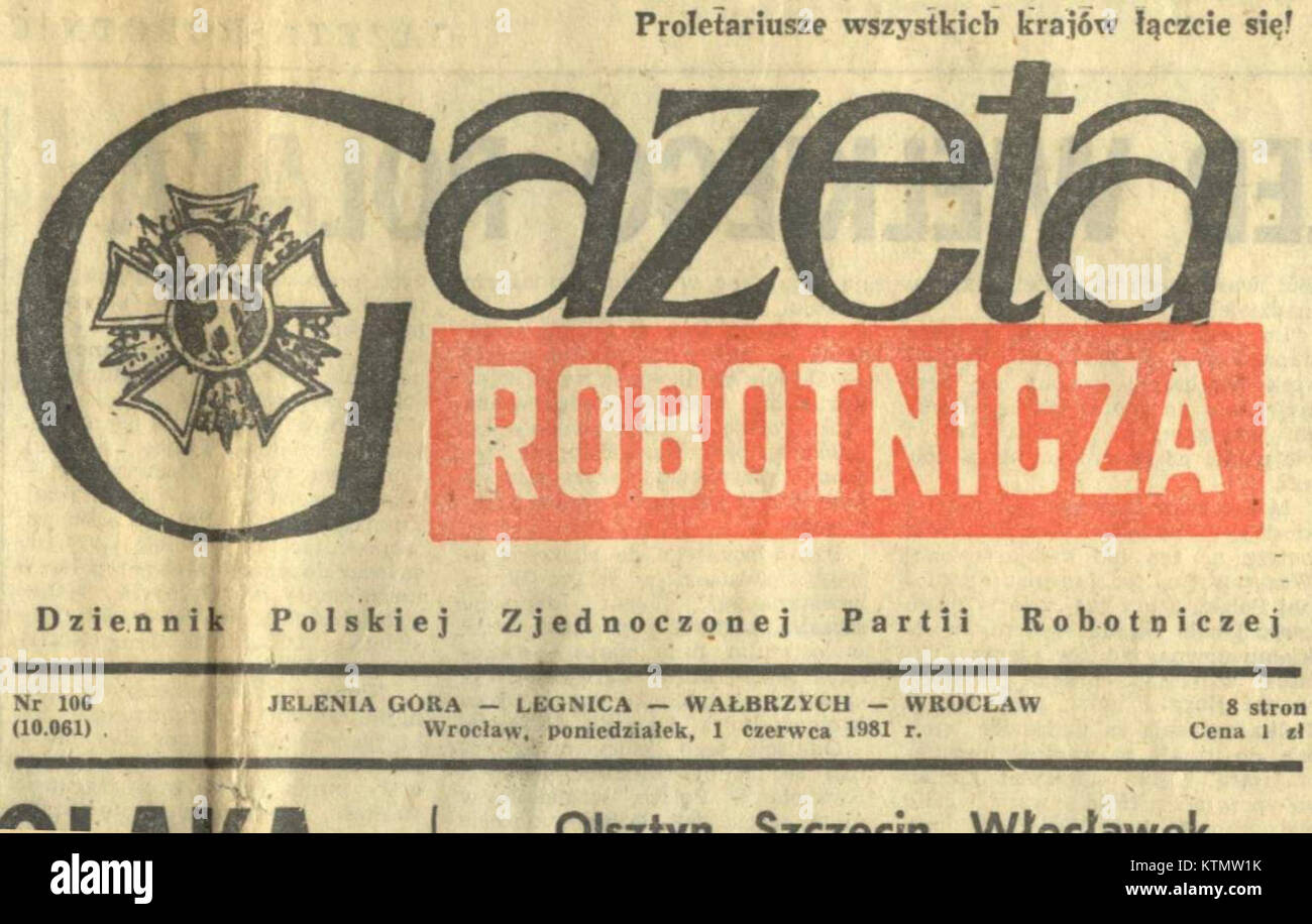 Una copertina o un'immagine dal numero del 1° giugno 1981 di Gazeta Robotnicza, un giornale polacco. Foto Stock
