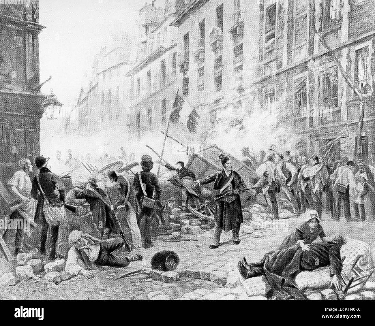 Immagine a mezze tinte di una incisione di una barricata alla Rivoluzione Francese del 1830. Sulla base della pittura di Caino. Foto Stock