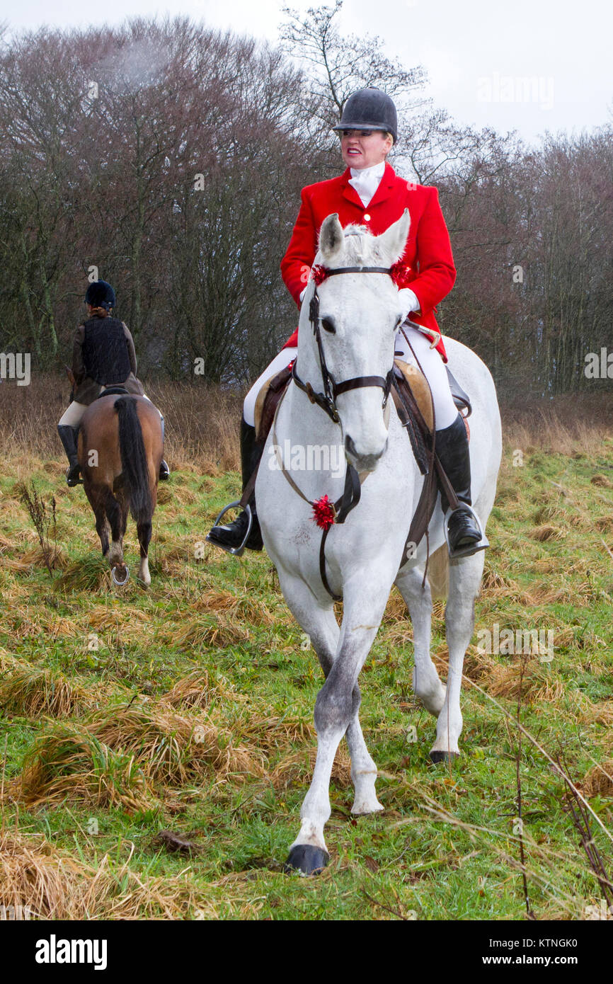 Rivington Barn, Lancashire, Regno Unito. Il 26 dicembre, 2017. Il Rivington Boxing Day Hunt, Chorley Lancashire. Il 26 dicembre 2017. Migliaia di persone partecipano al tradizionale Boxing Day Meeting di suoneria a Rivington Barn in Lancashire. La caccia con i cani è stata messa fuorilegge otto anni fa, ma molte giuridiche "caccia" ancora continuare. Cavalli e Cavalieri seguire sentieri profumati su un display del fasto e cerimonia dopo Natale. I maestri di Foxhounds associazione hanno più di 200 incontra elencati in tutto il paese, compreso l'annuale Boxing Day hunt a Horwich, vicino a Bolton. Credito: Cernan Elias/Alamy Live News Foto Stock