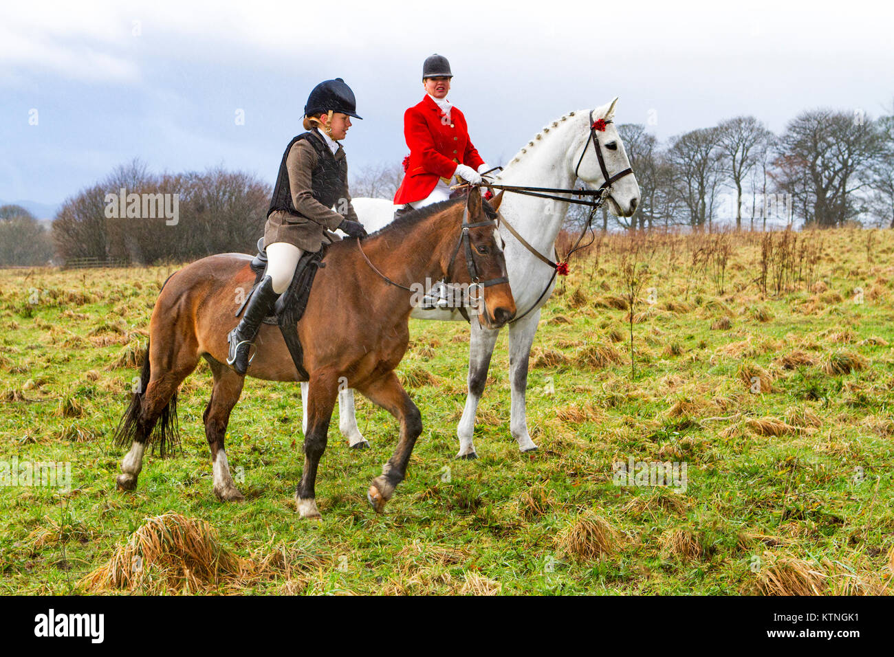 Rivington Barn, Lancashire, Regno Unito. Il 26 dicembre, 2017. Il Rivington Boxing Day Hunt, Chorley Lancashire. Il 26 dicembre 2017. Migliaia di persone partecipano al tradizionale Boxing Day Meeting di suoneria a Rivington Barn in Lancashire. La caccia con i cani è stata messa fuorilegge otto anni fa, ma molte giuridiche "caccia" ancora continuare. Cavalli e Cavalieri seguire sentieri profumati su un display del fasto e cerimonia dopo Natale. I maestri di Foxhounds associazione hanno più di 200 incontra elencati in tutto il paese, compreso l'annuale Boxing Day hunt a Horwich, vicino a Bolton. Credito: Cernan Elias/Alamy Live News Foto Stock
