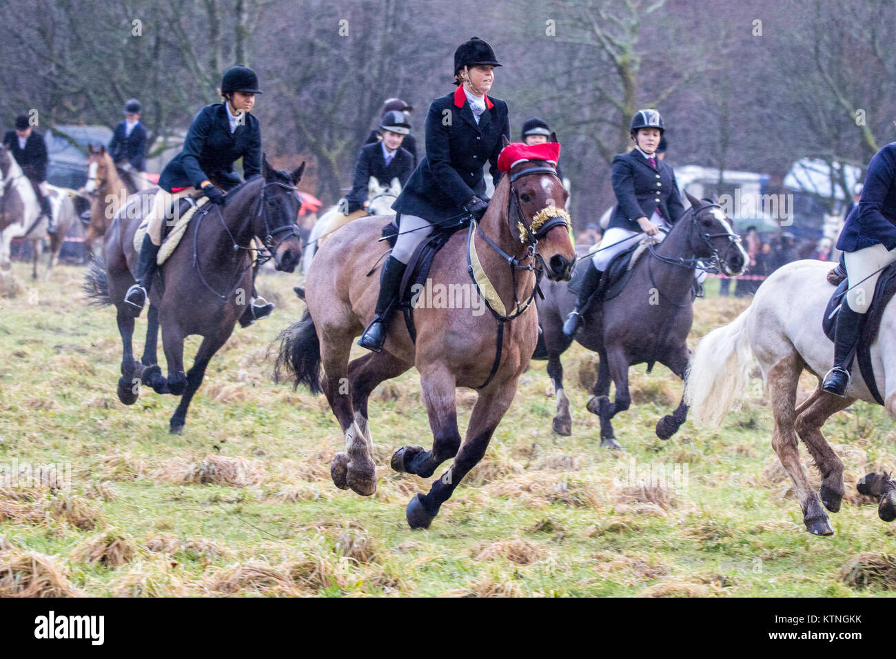 Rivington Barn, Lancashire, Regno Unito. Il 26 dicembre, 2017. Il Rivington Boxing Day Hunt, Chorley Lancashire. Il 26 dicembre 2017. Migliaia di persone partecipano al tradizionale Boxing Day Meeting di suoneria a Rivington Barn in Lancashire. La caccia con i cani è stata messa fuorilegge otto anni fa, ma molte giuridiche "caccia" ancora continuare. Cavalli e Cavalieri seguire sentieri profumati su un display del fasto e cerimonia dopo Natale. I maestri di Foxhounds associazione hanno più di 200 incontra elencati in tutto il paese, compreso l'annuale Boxing Day hunt a Horwich, vicino a Bolton. Credito: Cernan Elias/Alamy Live News Foto Stock