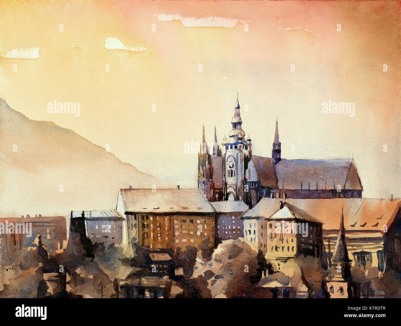 La pittura ad acquerello del Castello al tramonto nella città medievale di Praga - Repubblica Ceca. Foto Stock