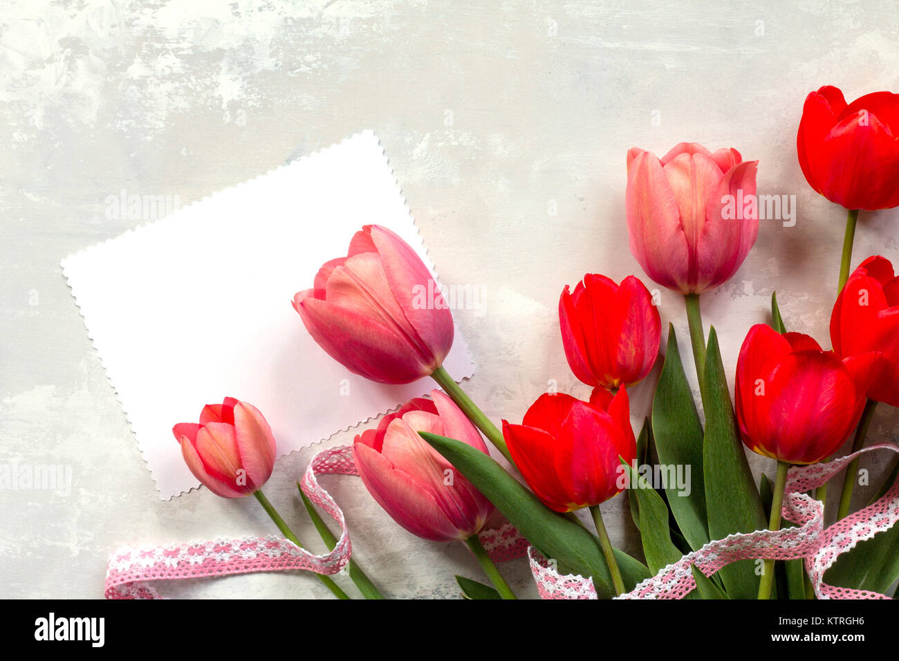 Valentino Sfondo O Biglietto Di Auguri Elogiativo Foglio Di Carta Con I Tulipani Su Una Pietra Grigia Sullo Sfondo Spazio Libero Per Le Vostre Congratulazioni Foto Stock Alamy