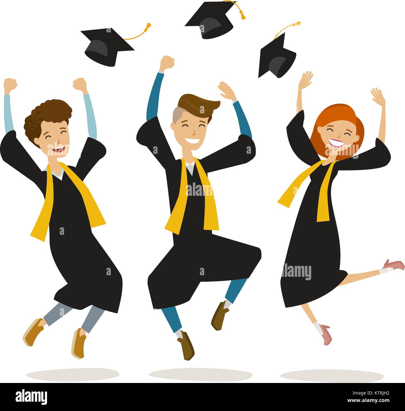 Felice laureati o studenti buttare cappelli. Istruzione, college, scuola, concetto di graduazione. Fumetto illustrazione vettoriale Illustrazione Vettoriale