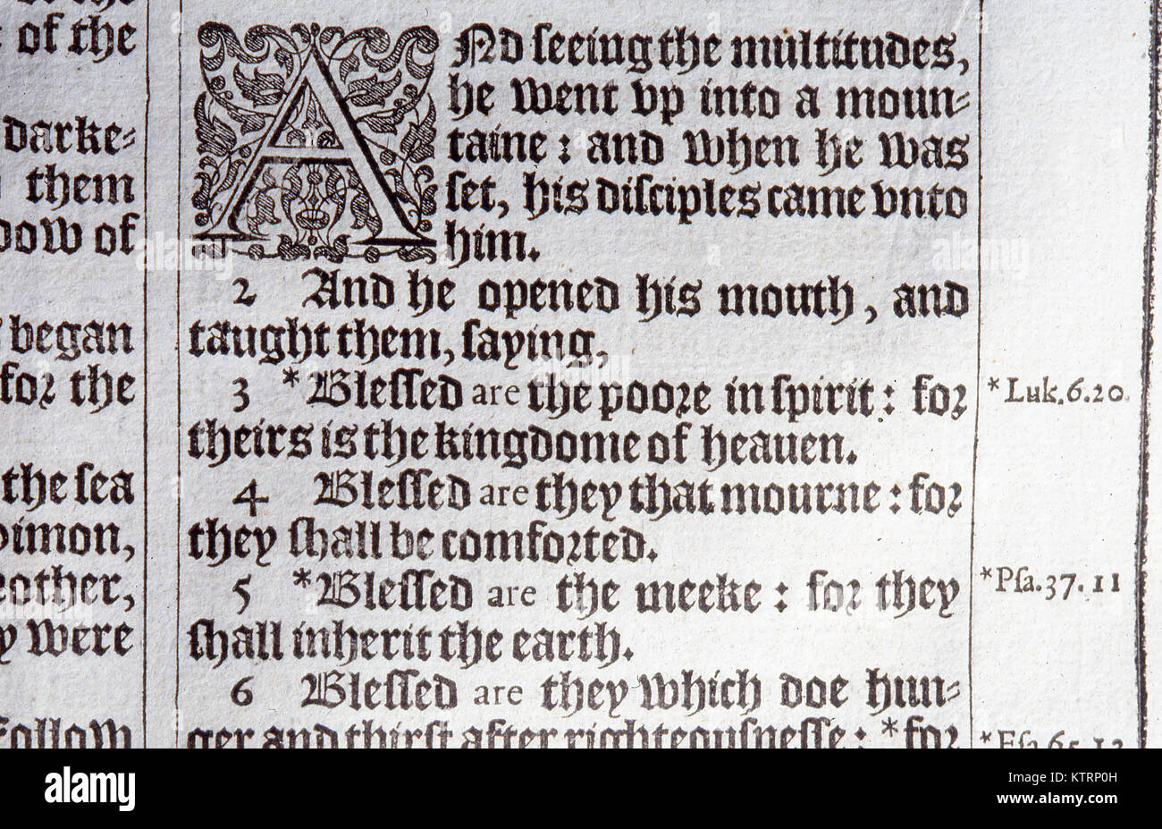 Le Beatitudini, Matteo 5:1-4 da una prima edizione del re James la Bibbia, 1611. La cortesia della collezione Reed a Dunedin Public Library, Nuova Zelanda Foto Stock