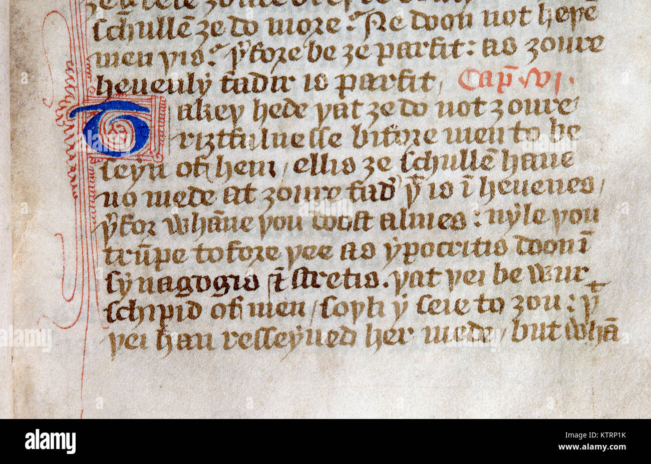 Dettaglio di Matteo 6:1,2 da Wycliffe's 1390 Inglese manoscritte del Nuovo Testamento, tradotto dal latino Vulgata. La cortesia della collezione Reed a Dunedin Public Library, Nuova Zelanda Foto Stock