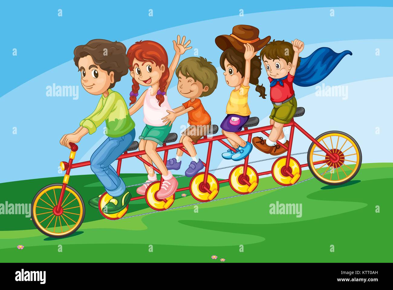 Cartoon di una famiglia a cavallo di una bicicletta lungo Illustrazione Vettoriale
