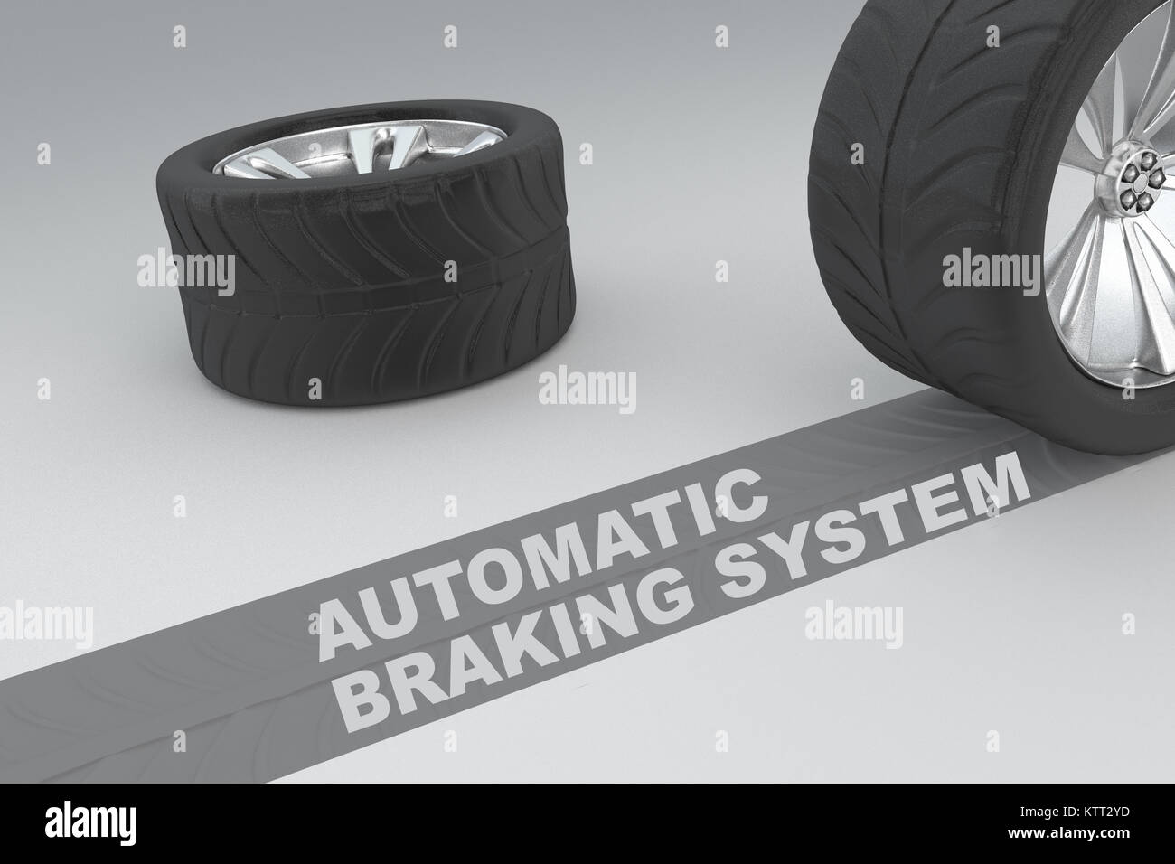 Sistema di frenatura automatica immagine concettuale di 3D reso ruote con pneumatici e segno su traccia scura che mostra le distanze di frenata su sfondo grigio Foto Stock