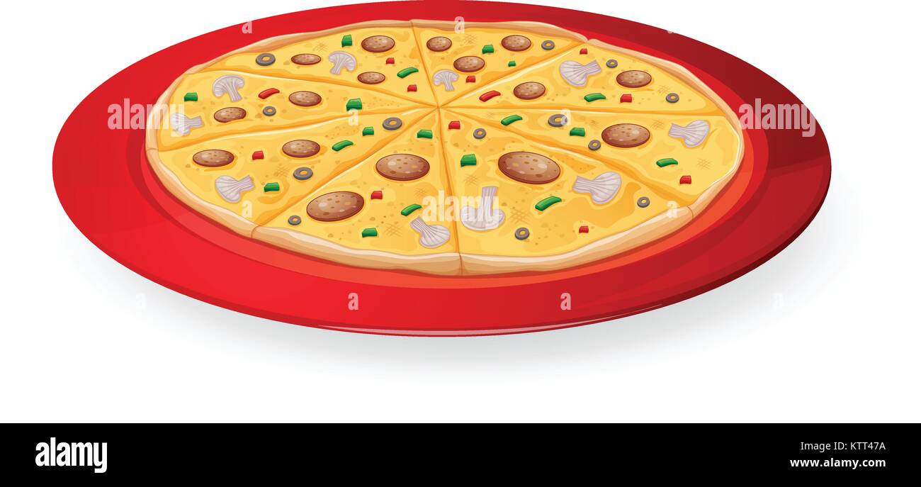 Illustrazione di una pizza in un piatto rosso su bianco Illustrazione Vettoriale