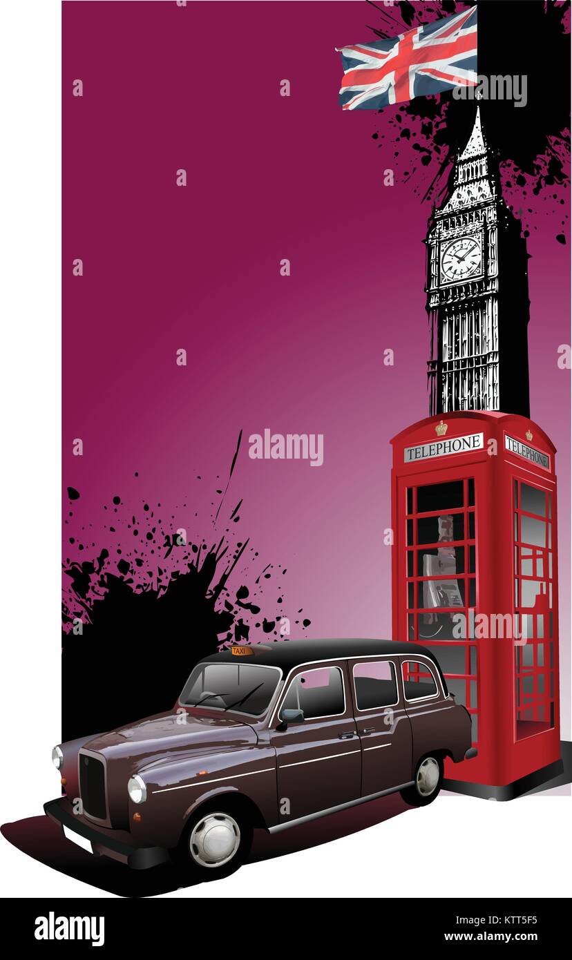 Sfondo di Londra con il Big Ben, taxi e la casella Telefono. Illustrazione Vettoriale Illustrazione Vettoriale