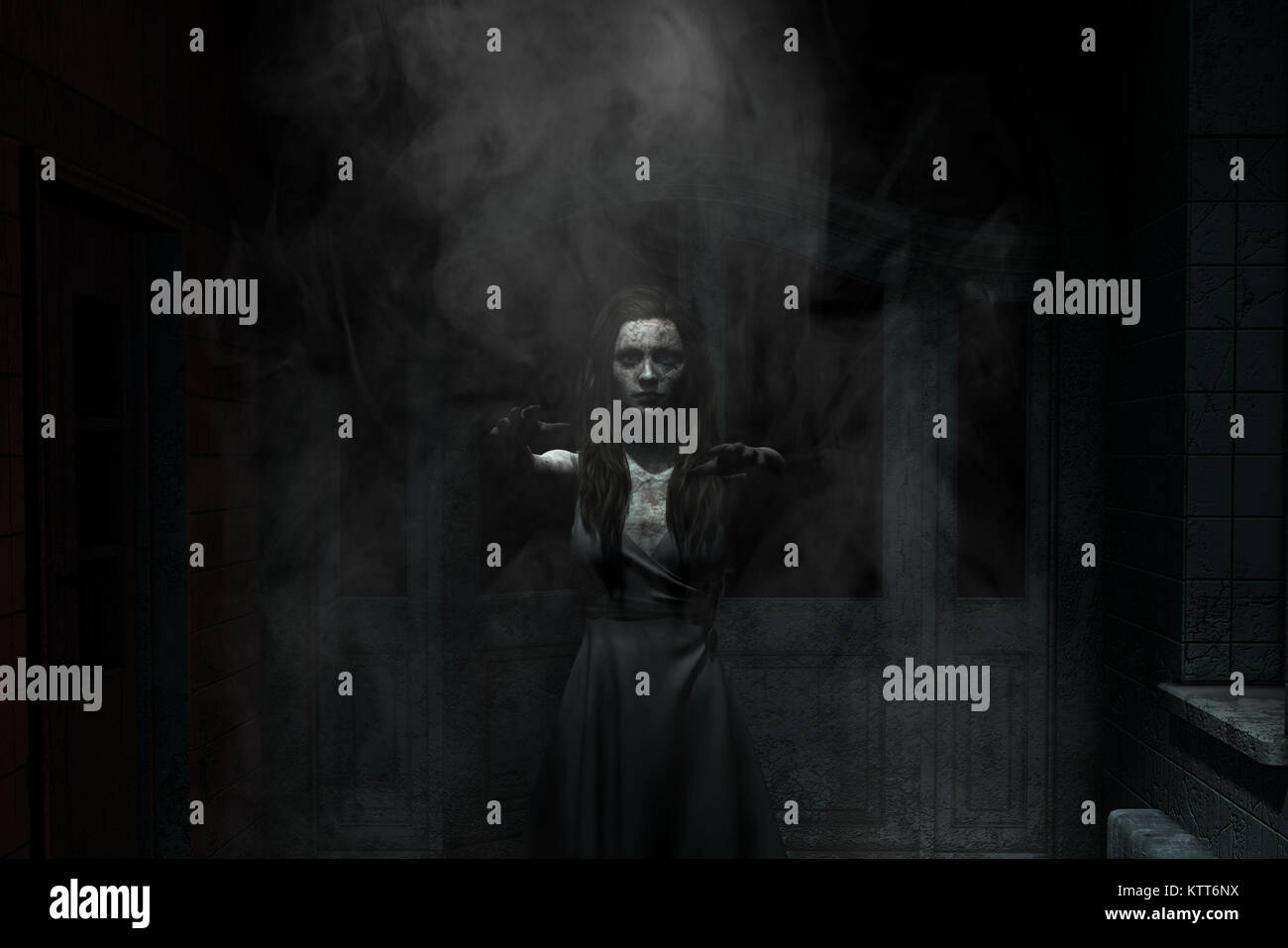 3d illustrazione della donna in Haunted House Foto Stock