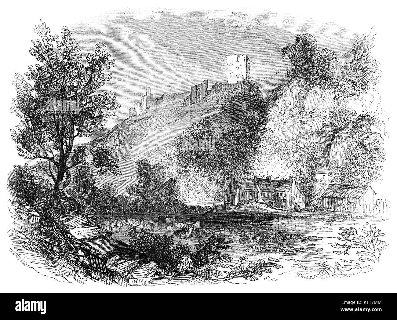: Peveril Castle (anche Castleton Castello o Castello di picco) è una rovina undicesimo secolo castello che domina il borgo di Castleton nella contea inglese del Derbyshire. Nel 1155 fu confiscato dal Re Enrico II; durante i baroni della ribellione di 1173-1174, da tre di Henry i figli, la moglie Eleonora di Aquitania e i loro sostenitori dei ribelli. La rivolta si è conclusa con un fallimento dopo diciotto mesi; Henry's ribelle i membri di famiglia ha dovuto rassegnarsi a continuare la sua regola e sono stati riconciliati con Lui. Foto Stock