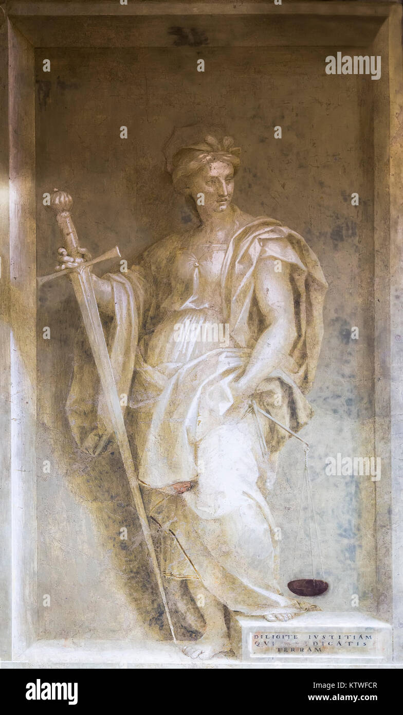 L'Italia, Firenze - 27 Ottobre 2014: affresco monocromo nel cortile dello Scalzo comunità in Firenze. Italia Foto Stock