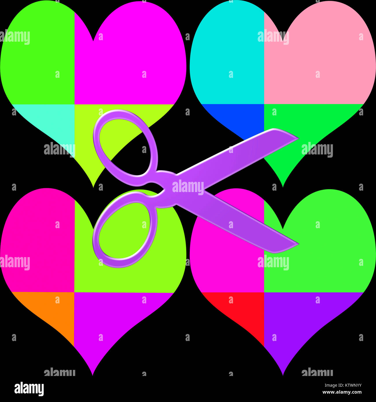 Cuore dei tagli in colori vibranti isolati su uno sfondo nero Foto Stock