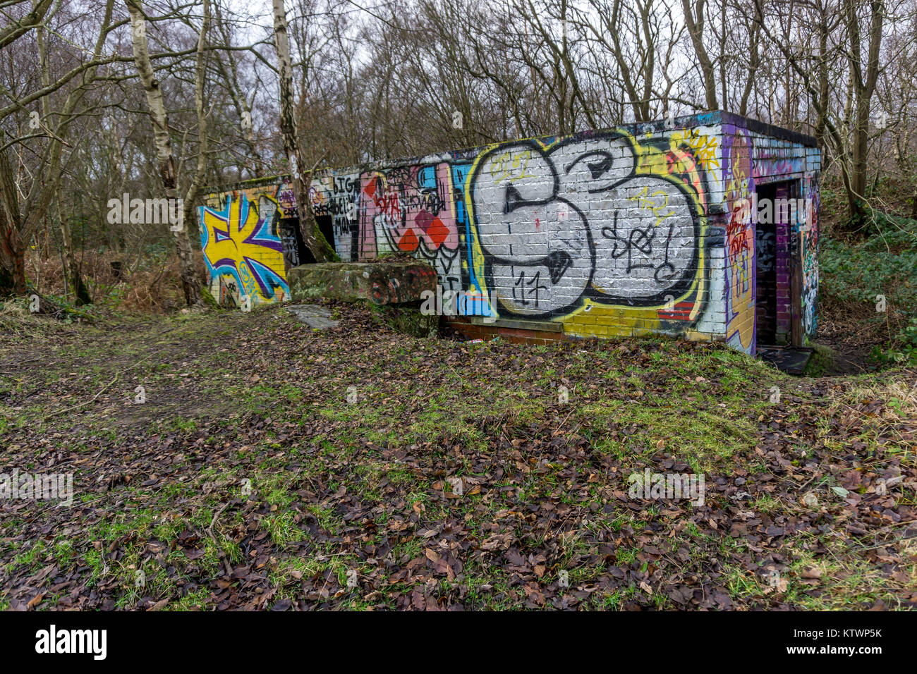 Graffitti coperto vecchio edificio in disuso in Honley boschi, Honley, Huddersfield, West Yorkshire, Inghilterra, Regno Unito. Foto Stock