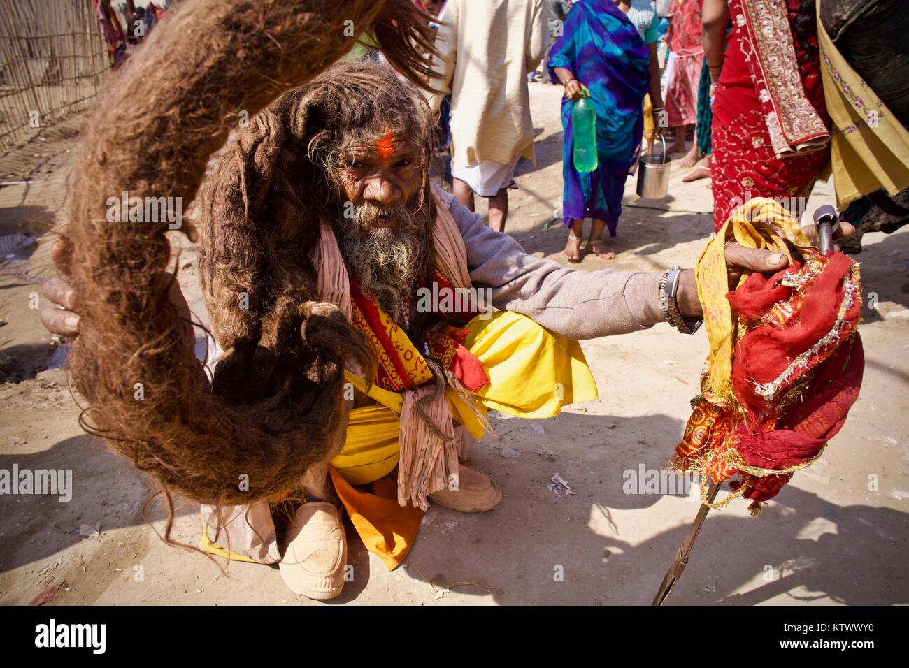 Sadhu con enorme dreadlock treccia in 2013 Kumbha Mela a (Allahabad Prayag) Foto Stock