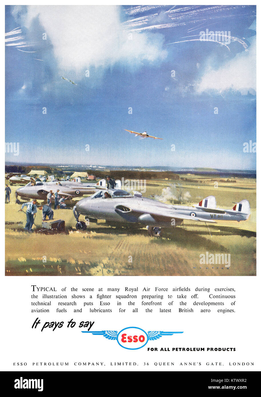 1951 British pubblicità per esso il combustibile da aviazione, dotate di de Havilland Vampire jet fighter aircraft. Foto Stock
