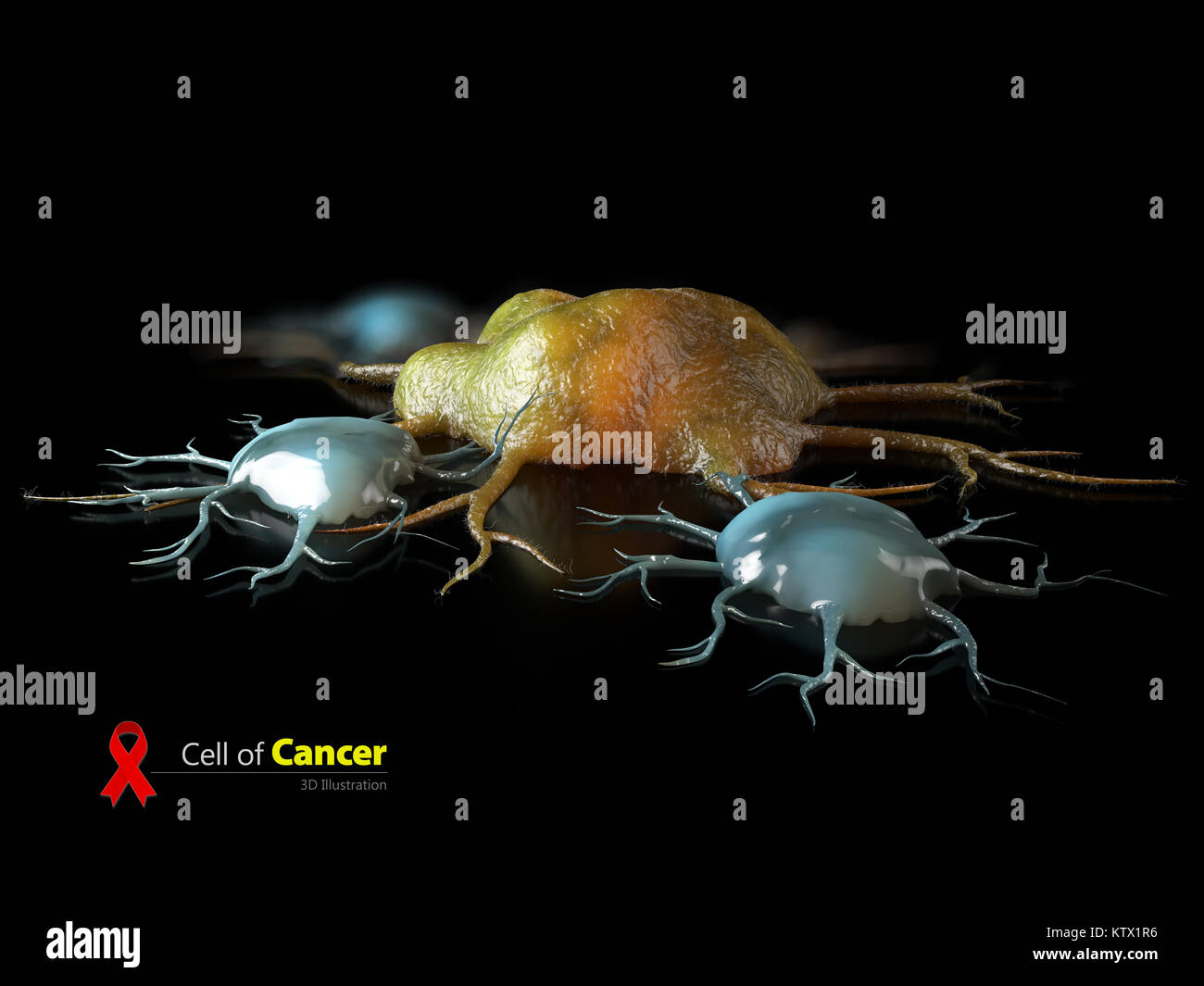 3d illustrazione della cellula di cancro ed i linfociti, su sfondo blured Foto Stock