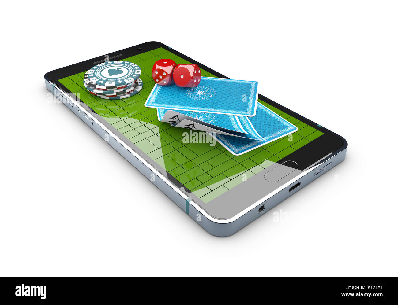 Online casino mobile sfondo. App di poker on-line concept. Smart phone con chip card Foto Stock